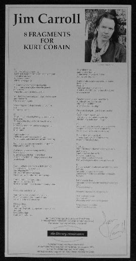 8 Fragments for Kurt Cobain - Broadside by Jim Carroll