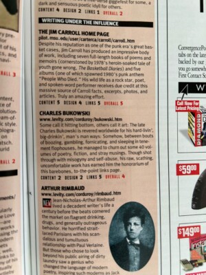 Andrews, Dean. "Book/ Mags Sites." The Web Magazine, Oct. 1997, p.47, review of "The Jim Carroll Home Page" Andrews, Dean. "Book/ Mags Sites." The Web Magazine, Oct. 1997, p.47, review of "The Jim Carroll Home Page"
