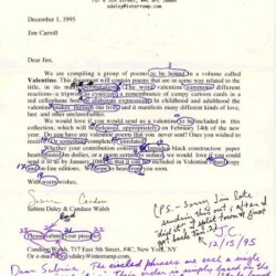 "Valentine" Limited Edition (1996) - Jim Carroll's Original Submission on Letter from Editors