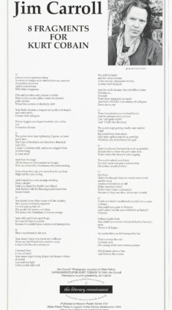8 Fragments for Kurt Cobain (1984) - Broadside by Jim Carroll - Unsigned Trade Edition 8 Fragments for Kurt Cobain (1984) - Broadside by Jim Carroll - Unsigned Trade Edition