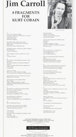 8 Fragments for Kurt Cobain (1984) - Broadside by Jim Carroll - Unsigned Trade Edition 8 Fragments for Kurt Cobain (1984) - Broadside by Jim Carroll - Unsigned Trade Edition