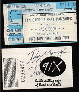ticket stubs from 11/18/88--one signed by Ray Manzarek